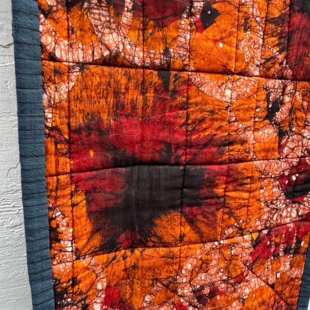 handmade tapestry Quilted Wall Hang Orange Floral Fiber Art Vase Flowers 3D